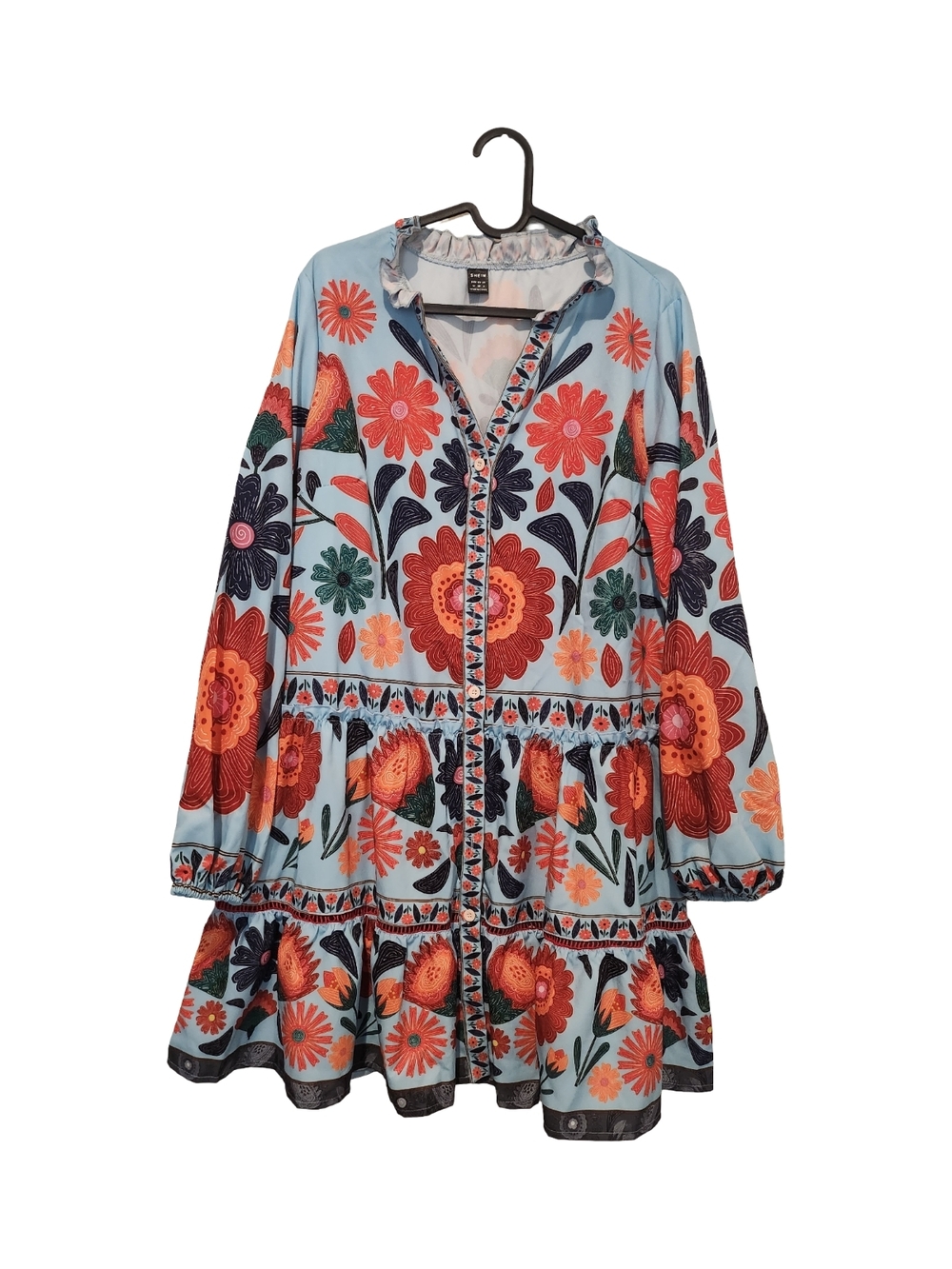 SHEIN Light Blue Floral Midi Dress with Orange & Navy Blooms